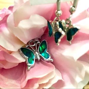 Beautiful butterfly jewelry set earrings charm iridescent turquoise blue hippie